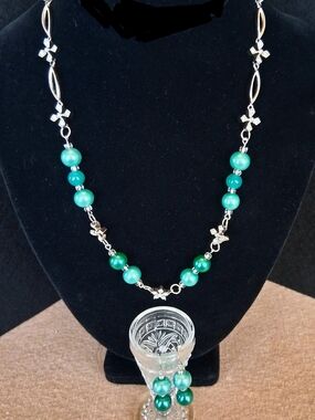Aqua Beaded Necklace & Pierced Earrings Set W/Silver Tones- Women